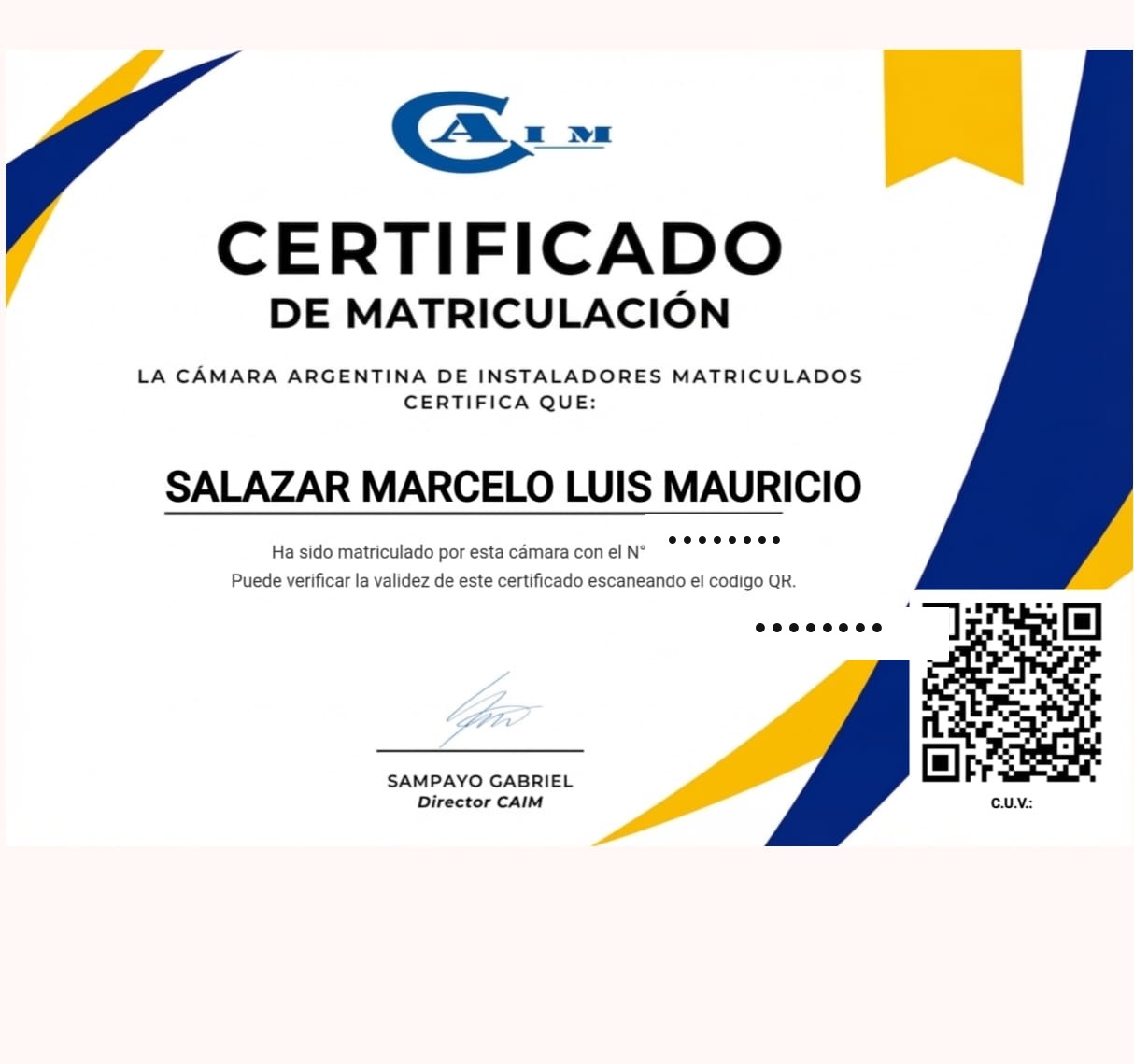 Certificado de matriculación de Marcelo Salazar