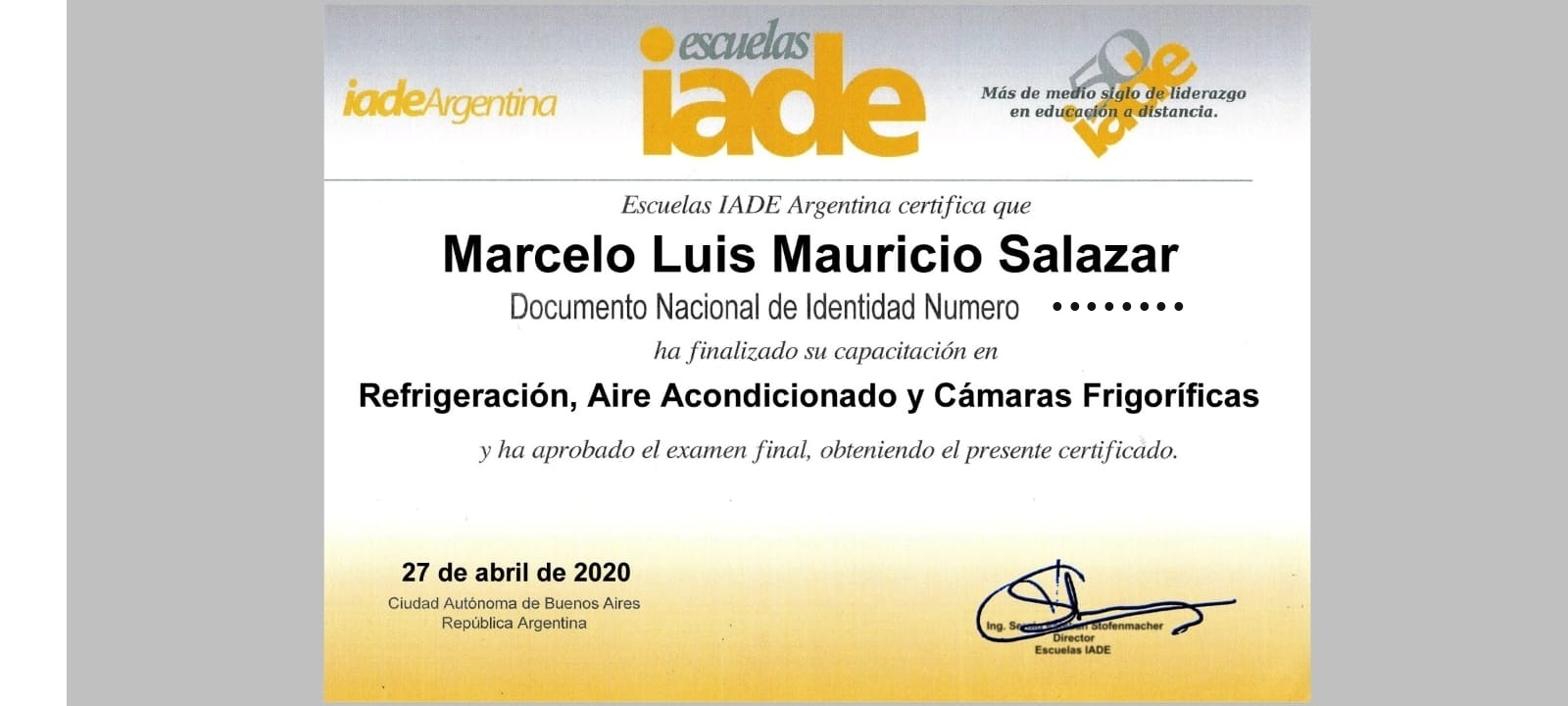 Certificado de refrigeración, aire acondicionado y cámaras frigoríficas de Marcelo Salazar